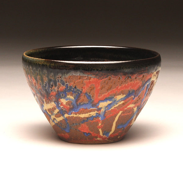 GH216 Wood Fired Bowl Chattered Texture, Red, Blue, Gold, Yellow, Purple, and Black Trailing