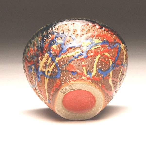 GH216 Wood Fired Bowl Chattered Texture, Red, Blue, Gold, Yellow, Purple, and Black Trailing