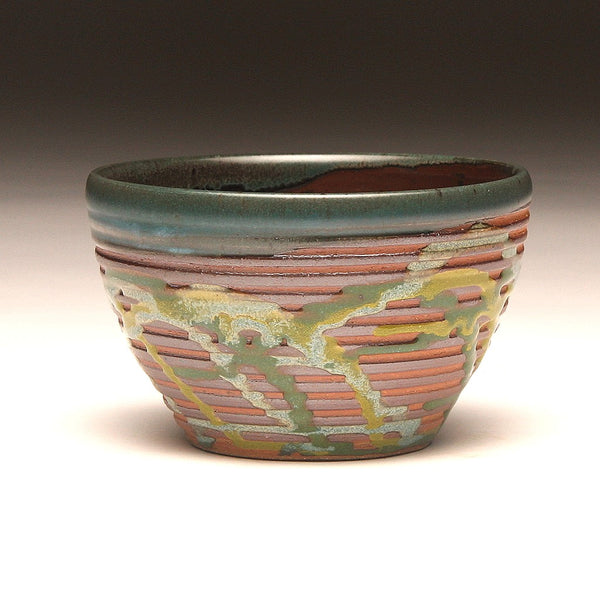 GH217 Small Woodfired Bowl with Grooves, Green Trailed Glaze