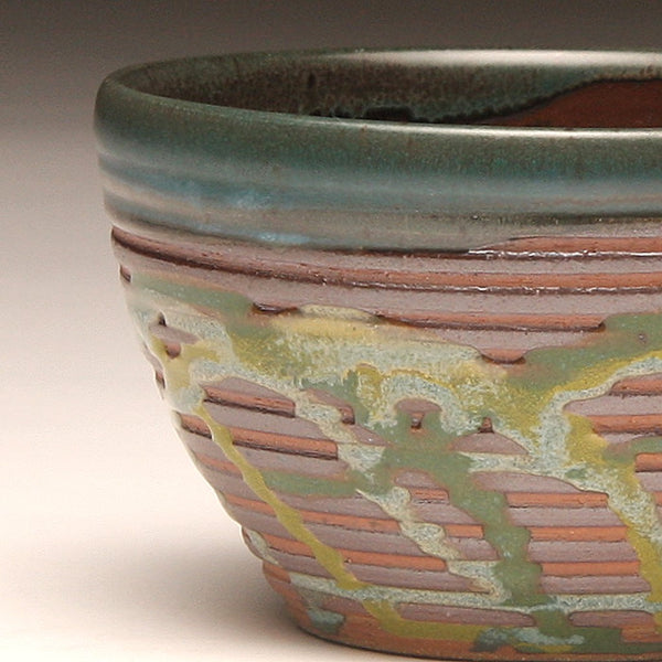 GH217 Small Woodfired Bowl with Grooves, Green Trailed Glaze