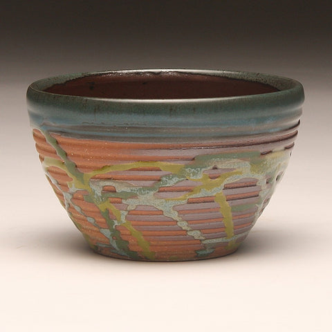 GH217 Small Woodfired Bowl with Grooves, Green Trailed Glaze