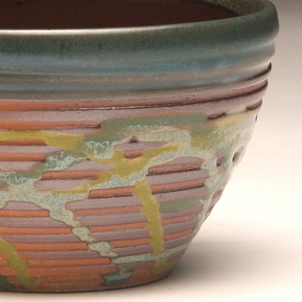 GH217 Small Woodfired Bowl with Grooves, Green Trailed Glaze