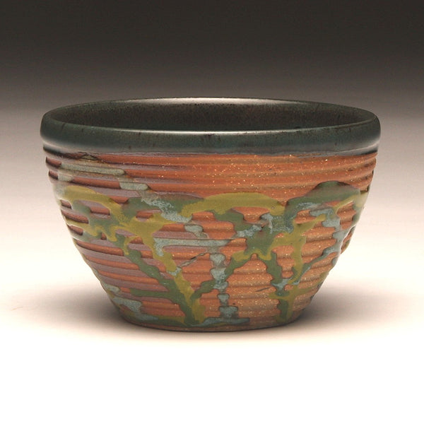 GH217 Small Woodfired Bowl with Grooves, Green Trailed Glaze