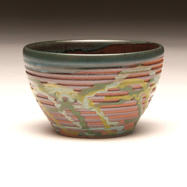 GH217 Small Woodfired Bowl with Grooves, Green Trailed Glaze