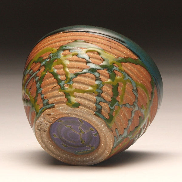 GH217 Small Woodfired Bowl with Grooves, Green Trailed Glaze