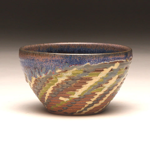 GH218 Small Woodfired Bowl with Grooves, Green, Yellow, Purple, Red Trailed Glaze