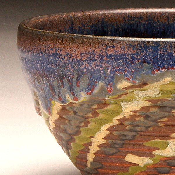 GH218 Small Woodfired Bowl with Grooves, Green, Yellow, Purple, Red Trailed Glaze