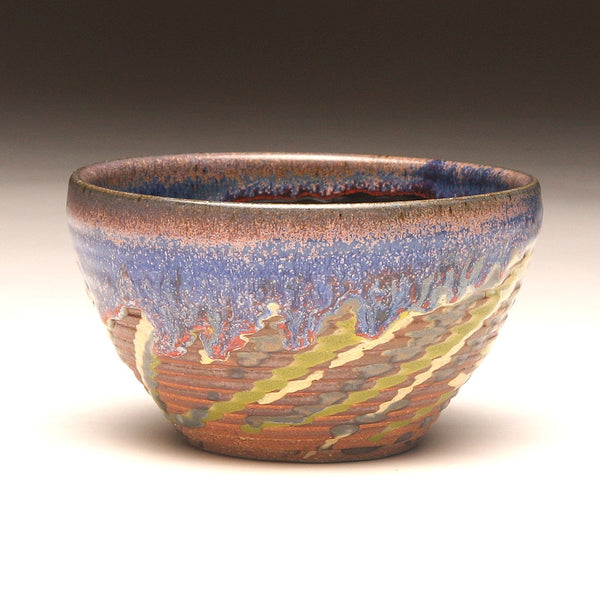 GH218 Small Woodfired Bowl with Grooves, Green, Yellow, Purple, Red Trailed Glaze