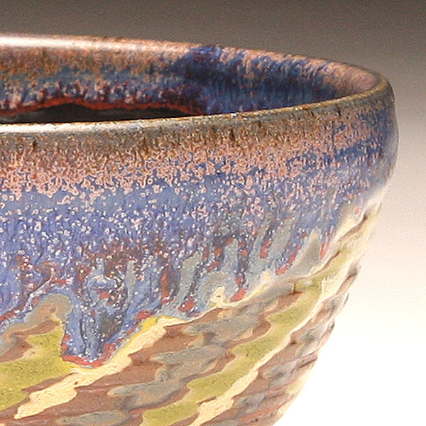 GH218 Small Woodfired Bowl with Grooves, Green, Yellow, Purple, Red Trailed Glaze