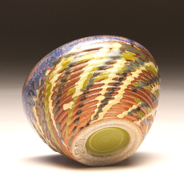 GH218 Small Woodfired Bowl with Grooves, Green, Yellow, Purple, Red Trailed Glaze