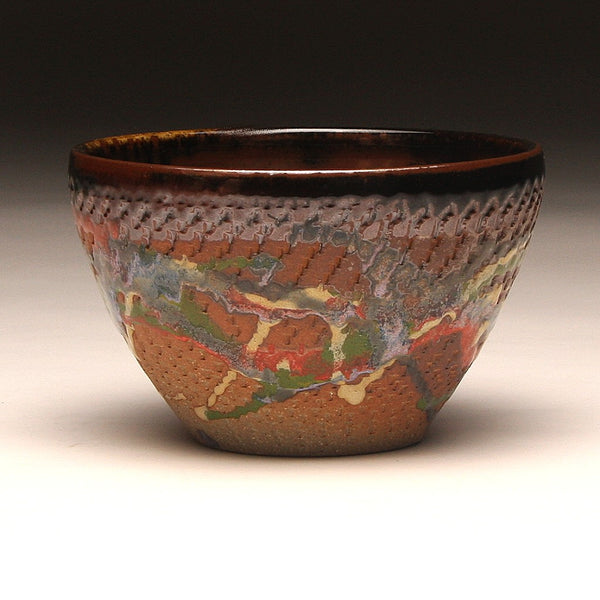 GH220 Wood Fired Bowl Chattered Texture, Red, Green Yellow, Purple,  Chartruse, outside and Tenmoku inside