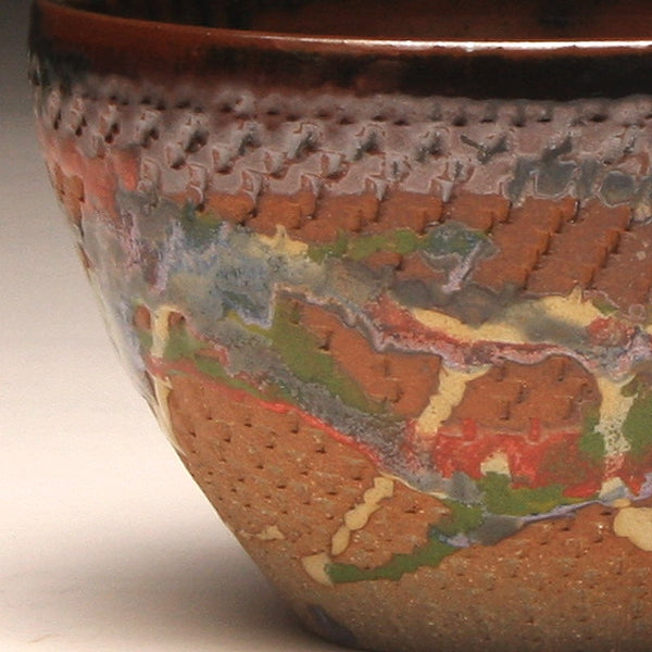 GH220 Wood Fired Bowl Chattered Texture, Red, Green Yellow, Purple,  Chartruse, outside and Tenmoku inside