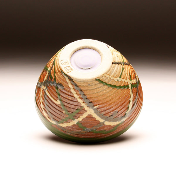 GH258  Medium Wood Fired Groovy Bowl, Purple, Yellow, Chartreuse, outside and Tenmoku inside